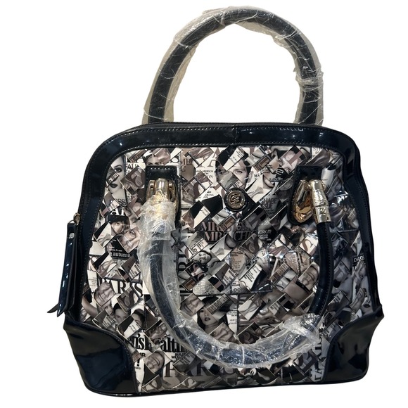 Galian Handbag Satchel Purse Magazine Collage Black Patent Leather Trim - Picture 1 of 8